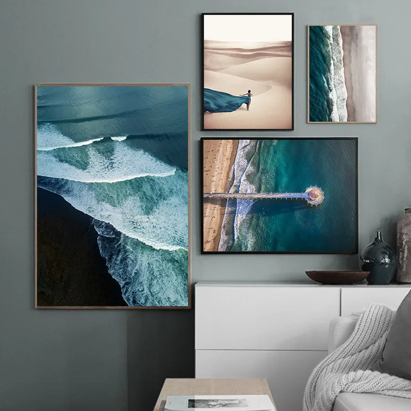 Aerial View Blue Ocean Waves Pier Desert Wall Art Nordic Poster Canvas Painting Print Nature Landscape Pictures Home Decoration | Дом и сад
