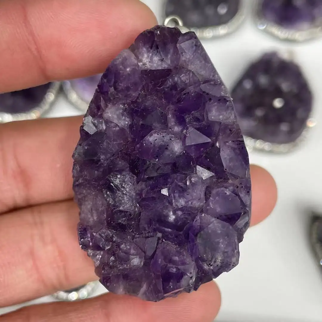 

50-60mm Natural Dream amethyst rimmed pendant with quartz crystal cluster healing