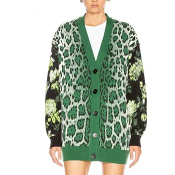 

Green Leopard Women Wool Cardigan 2020 Fashion V neck Single breasted Loose Sweater Coat Knitting Cardigan Female XX021