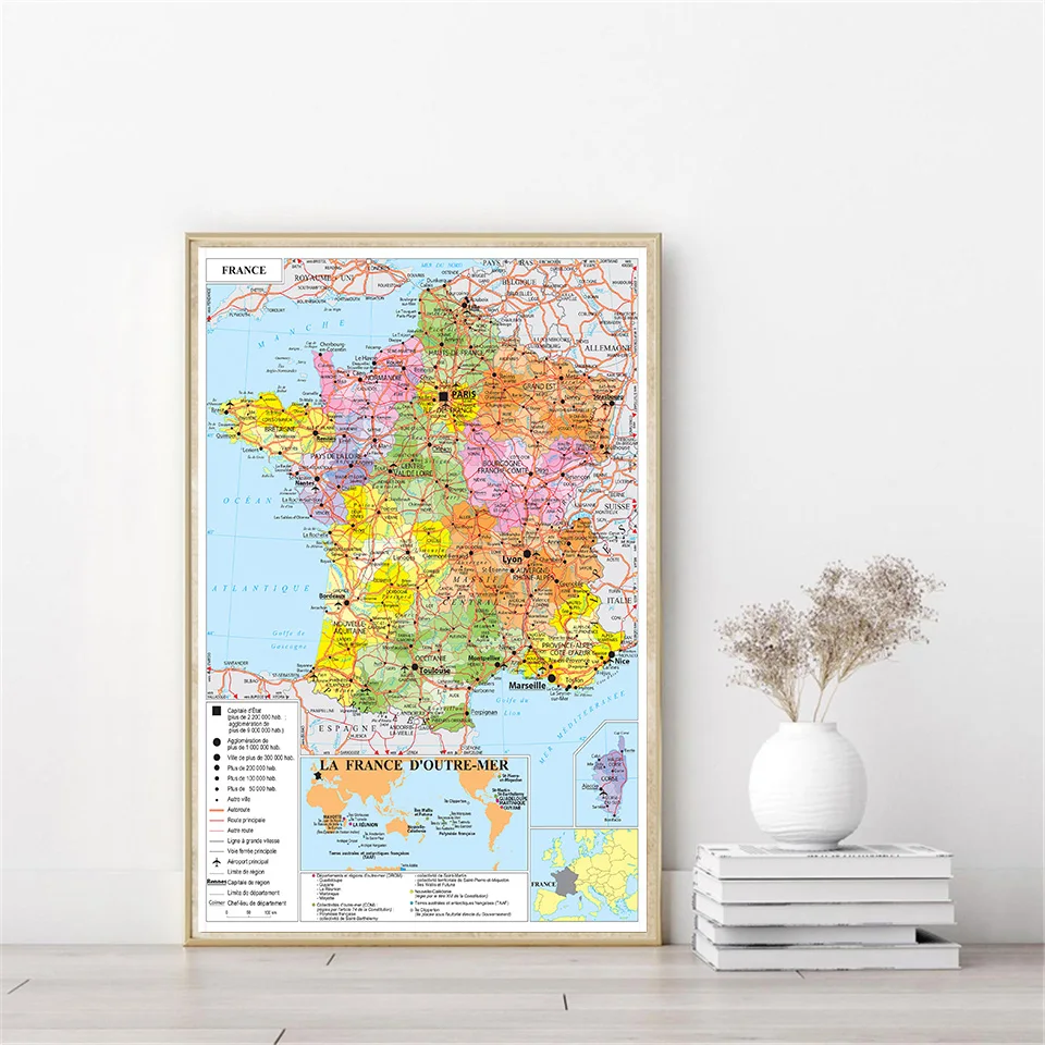 100*150cm The France Transportation Map In French Large Poster Non-woven Canvas Painting Living Room Home Decor School Supplies