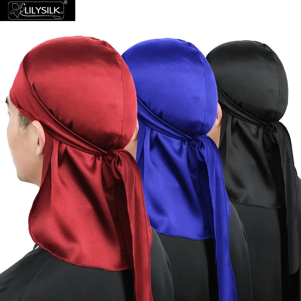 LilySilk 3 Pack Silk Durags for Men Black Extra Long Tail Wide Straps New Free Shipping |