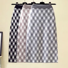 OUMENGKA осень зима клетчатая повседневная трикотажная юбка для женщин стрейч Высокая талия мягкая вязанная Черная Женская юбка