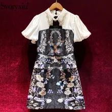 Svoryxiu designerska bluzka letnia seksowna Mini sukienka na imprezę moda damska bufiaste rękawy drukuj żakardowe drążą czarne sukienki