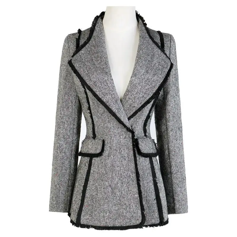 

Autumn Tweed Blazer Woolen Coats Notched Women Tops Temperament Slim Wool Jacket Single Button Long Sleeve Suit Coat
