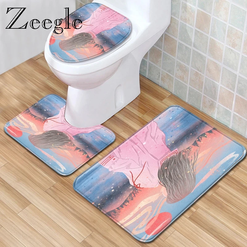 Zeegle Non-Slip Bath Mat Set Microfiber Bathroom Mat Set Washable Toilet Floor Mat Toilet Seat Cover Modern Mat for Shower Room