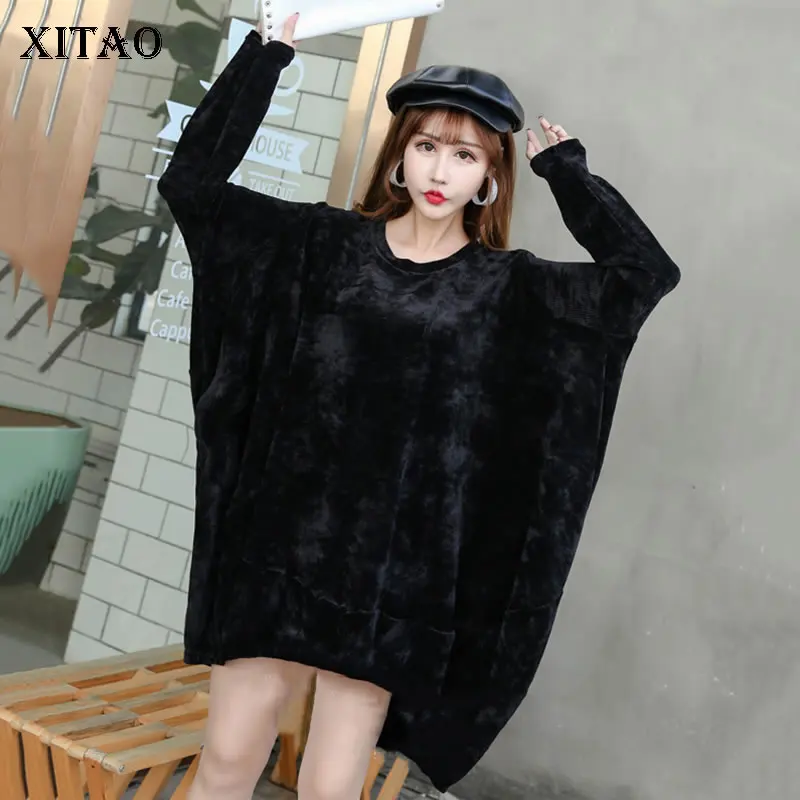 

XITAO Black Plus Size Loose Sweatshirt Women Fashion New Pullover Irregular 2019 Autumn Elegant Long Minority Sweatshirt XJ1980