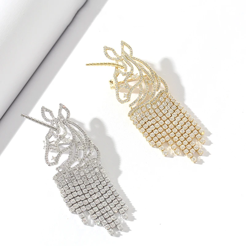 Brooches for Women Luxury Gold Silver Color Unicorn Hollow Tassel Crystal Pin Badge Wedding Jewelry Accessories Gift | Украшения и