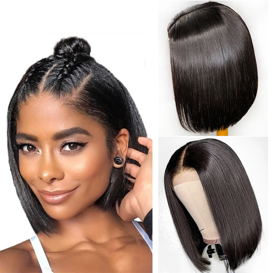 Bob perruques os droit cheveux humains perruques pour femmes cheveux brésiliens perruques pré plumé 4x4 dentelle fermeture perruque délié naturel 8-14 pouces