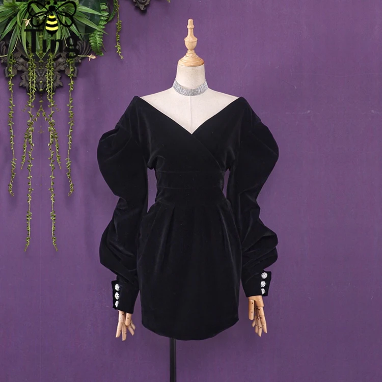 Tingfly дизайнерское знаменитостей сексуальное бархатное мини-платье с v-образным вырезом винтажное элегантное вечернее платье с прозрачной пуговицей черное облегающее платье