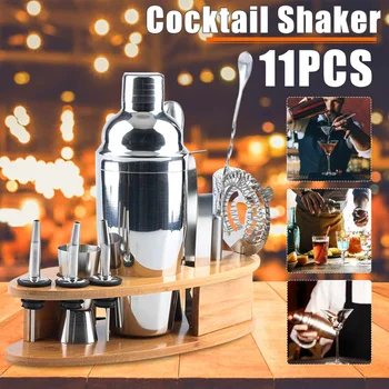 

11Pcs Fish Shape Stainless Bar Cocktail Shaker Set Barware Set Shaker Set with Wooden Rack Storage Stand Bars Mixed Drinks