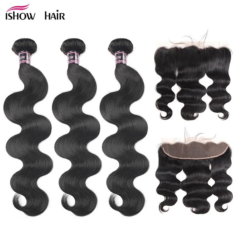 

Ishow Hair Brazilian Body Wave Bundles with Frontal 100% Human Hair Bundles with Closure Frontal 3 Bundles with Fontal Non Remy
