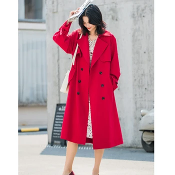 

Women's windbreaker mid-length coat 2020 New spring autumn fashion lapel red windbreaker leisure white windbreaker jacket women