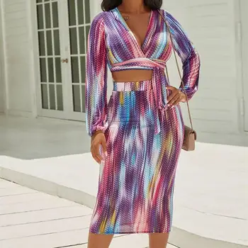 

Women Crop Top Bodycon Mid Skirt Tie Dye Print Suit V-Neck Full Sleeve 2Piece Set Short Sexy Party Sexy Party Outfit