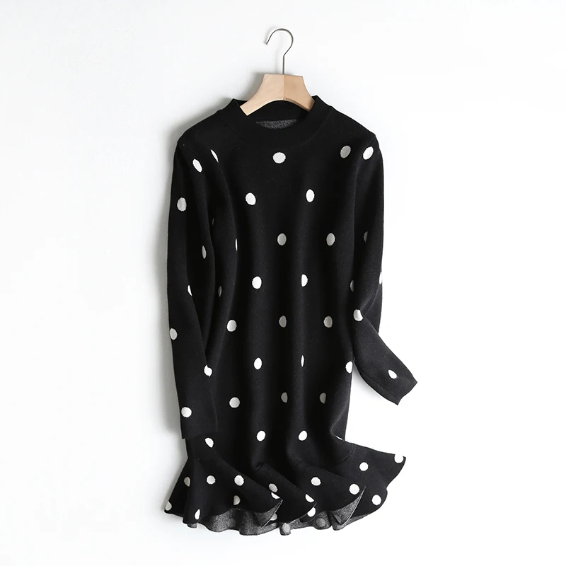black AOEMQ Fashion Dresses 4 Colors Sweet Fish Tails Wave Draped Dress with Dot Print Midi Dress Core yarn Autumn Women Clothing - Color: black