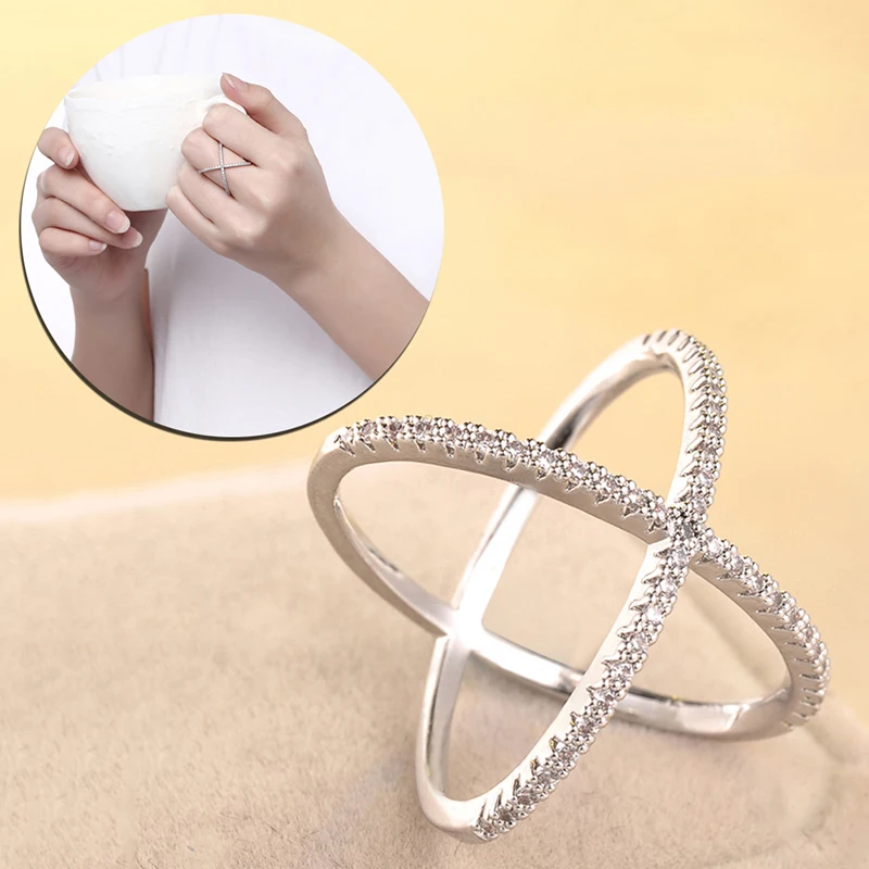 Wedding rings wedding ring finger ring silver ring zircon crystal ring Fashion Rhinestone Wedding Ring for Women Zircon Silver Color Cross X Shape Crystal Inlayed Dating Engagement Rings Party Gifts