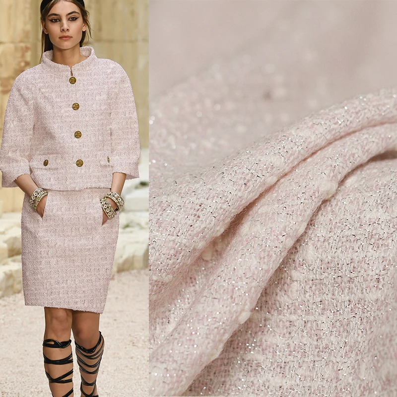 Перламутровый Шелковый розовый нитевидный Серебряный Твид ткани шерсть материалы Осенняя Женская куртка швейная ткань портной