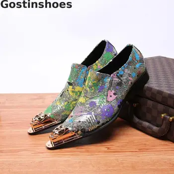 

Camouflage Men Oxfords Shoes Genuine Leather Metal Captoe Pointed Men Casual Leather Shoes Party Wedding Shoes Daily Wear