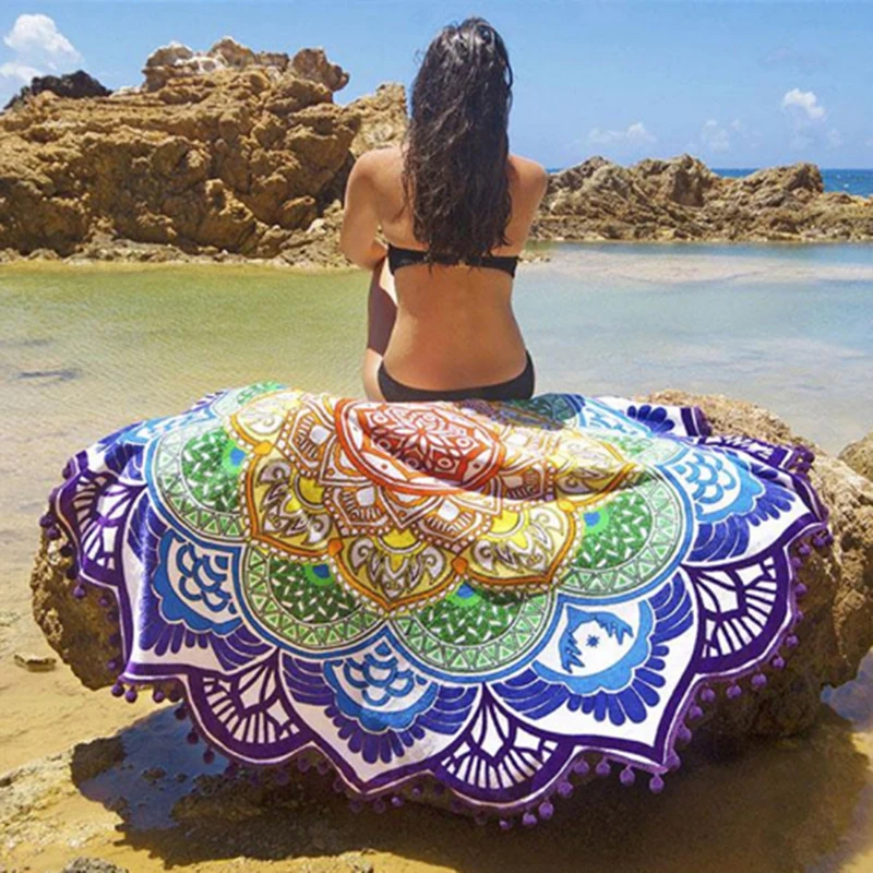 

WomenSoft Sunbath Round Beach Towels Sun bath Bohemian Style Print Ball Tassel Blanket Yoga Mat Sunbath Dress Bath Towel