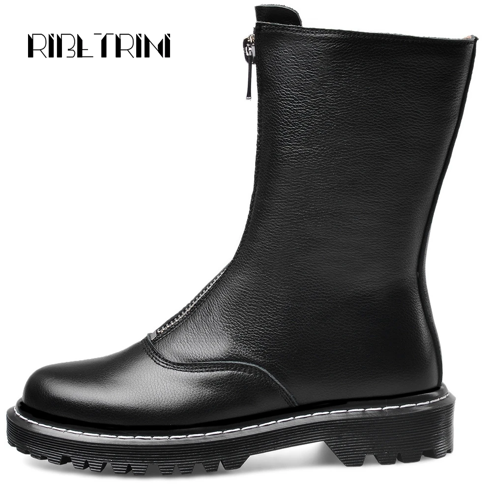 

RIBETRINI Fashion Designer Low Heels Round Toe Platform Zipper Closure Mid Calf Motorcycle Boots Winter Autumn Shoes