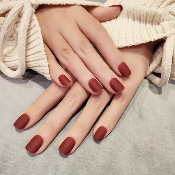 

24pcs/boxed Wine Red short matte false nail Daily Wearing press on nails with glue sticker acrylic nail products for girls DIY