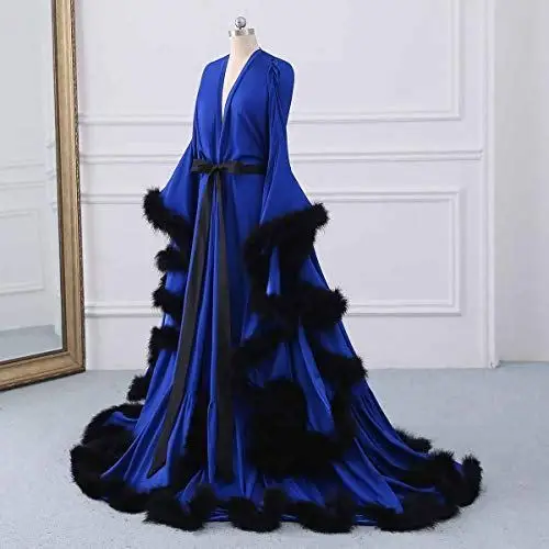 Элегантный синий ночной халат на заказ; длинное рукав перья костюм для вечеринки сексуальные ночные рубашки Халаты 2019