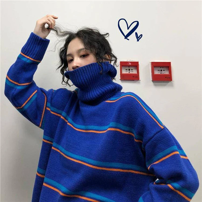 Harajuku вязаный свитер с высоким воротником, женские топы, Ulzzang, хип-хоп, корейский Повседневный Свободный теплый Полосатый пуловер, женский свитер