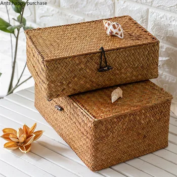 

Seaweed Manual Weaving Storage Box with Lid Bedroom Clothing Storage Basket Cosmetic Sundries Household Rectangular Storages Box