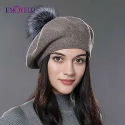 ENJOYFUR Берет женский зимний высококачественный с помпоном из натурального лисьего меха вязаная шапка чистого цвета с составом кашемира 2018