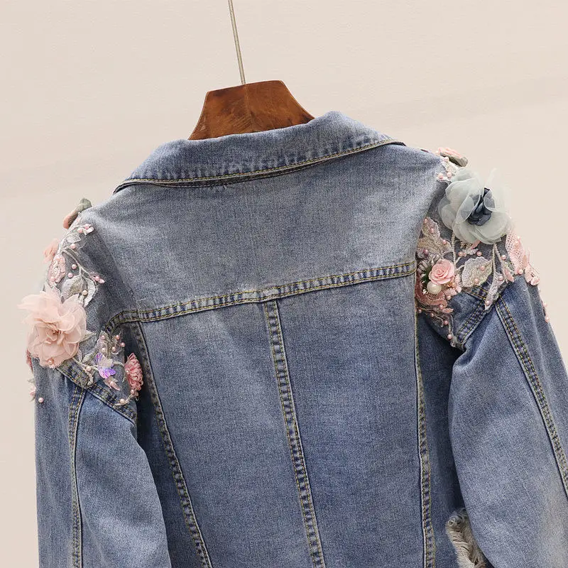 Женские джинсовые куртки LUOSHA Осенние однобортные повседневные топы с вышивкой