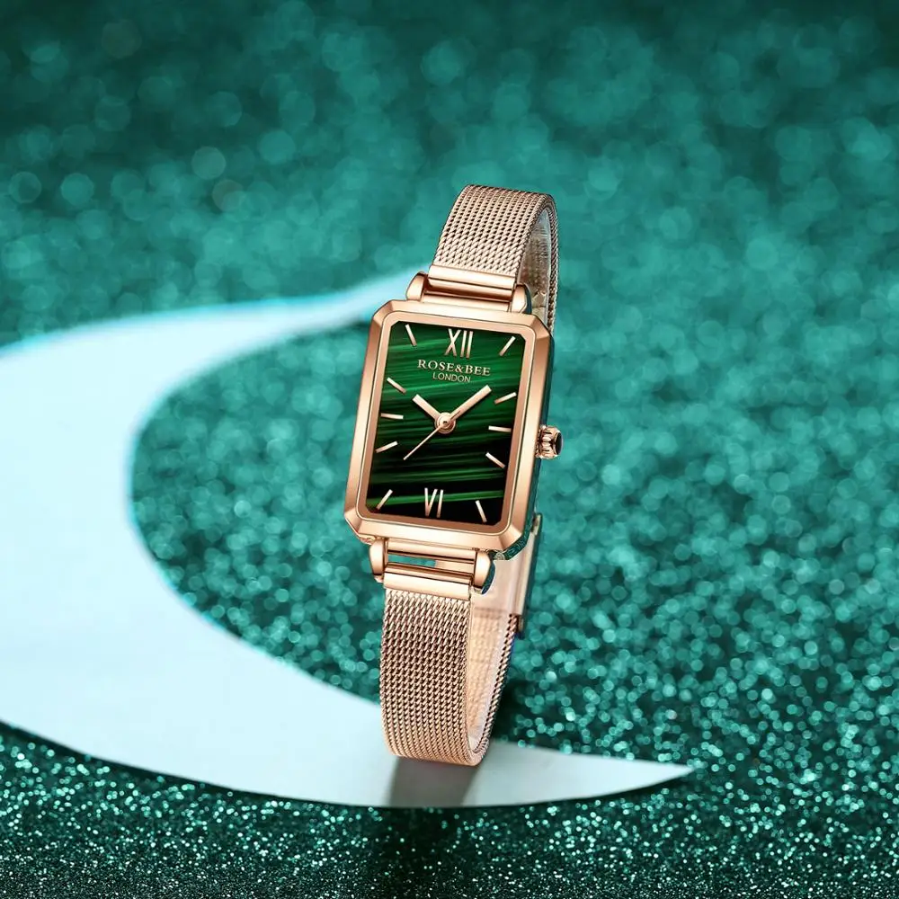 

Anke Store Womens Watch Fashion Simple Malachite Japanese Movement Waterproof Luxury Small Square Dial Green Watches for Women