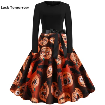 

2019 Women Autumn Halloween Dresses Long Sleeve Skull Print bandage Dress 50s 60s Vintage Plus Size Elegant Party Vestidos