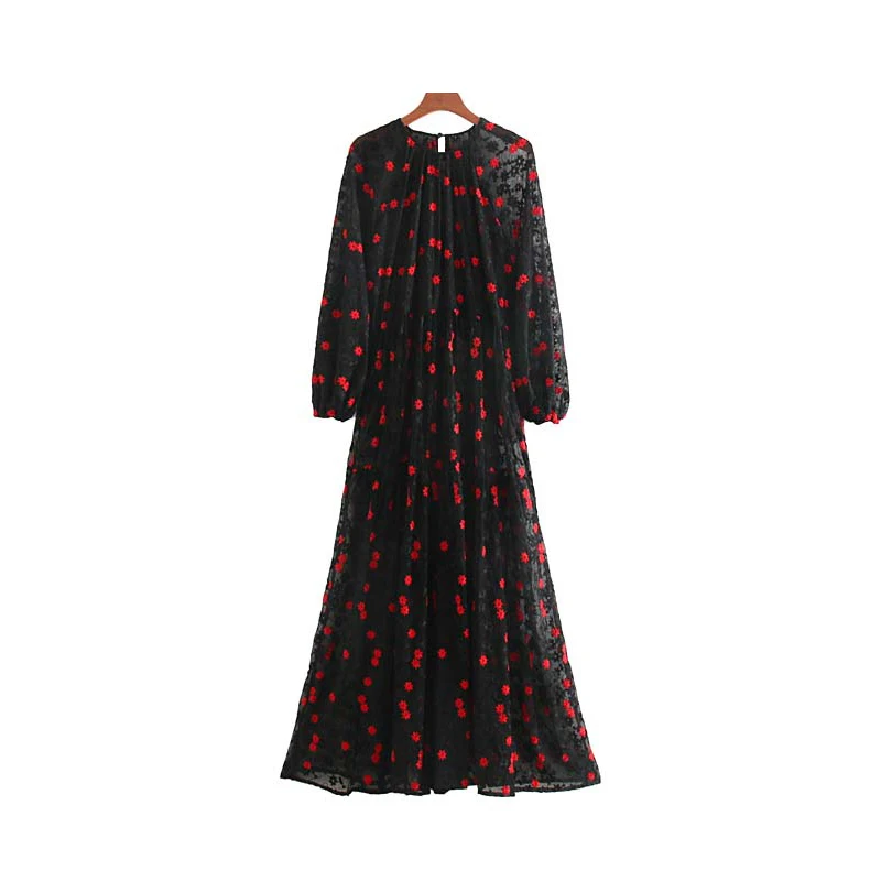 Винтажное стильное платье миди с цветочной вышивкой для женщин модные комплекты из двух предметов с длинными рукавами женские платья шикарные vestidos mujer