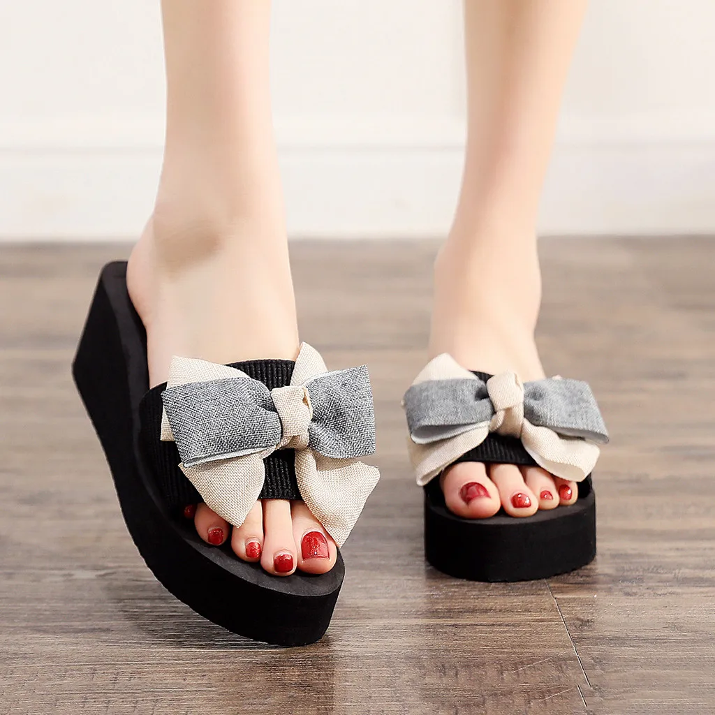 

Summer Fashion Women's Bowknot Flip Flops Non-Slip Wedges Beach Slippers Lady Summer Shoes Women Slipper 2020