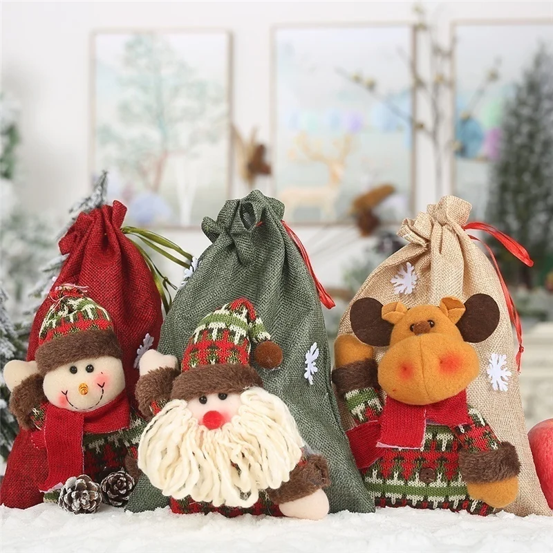 New Year Christmas Decorations for Home Linen Drawstring Gift Bag Large Candy Bags Holiday Cartoon Apple | Дом и сад