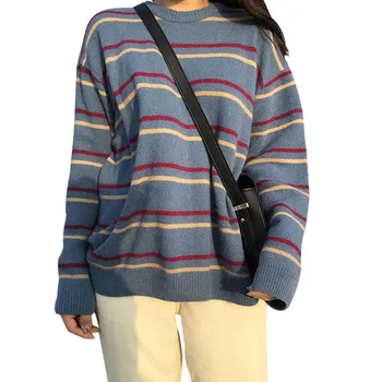 

Women Autumn Winter Stripes Print Slim Long-Sleeved Round Collar Loose Bottom Knit Sweater New Vcqy