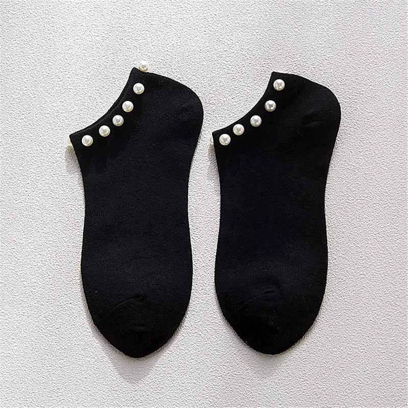 Женские носки 9 цветов, хлопковые милые женские Носки ярких цветов с имитацией жемчуга, повседневные короткие женские носки для девушек и женщин, чулочно-носочные изделия - Цвет: black 1 pairs