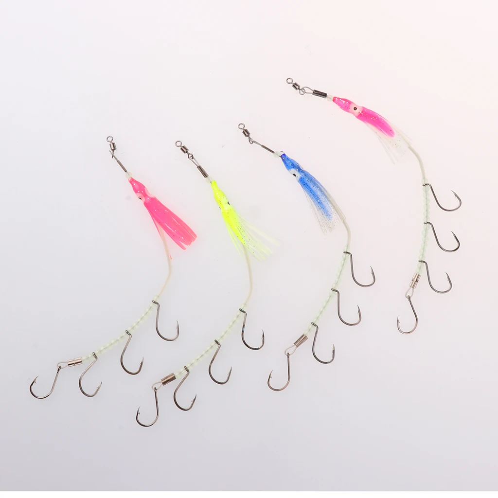 4x Fish Hooks Flasher Rig Saltwater Fishing Hooks Luminous Multicolor Random