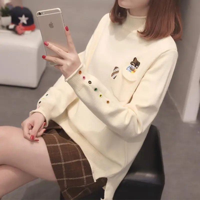 Embroidered sweater women's knitted autumn and winter new embroidery Korean high neck loose pullover bottoming women | Женская