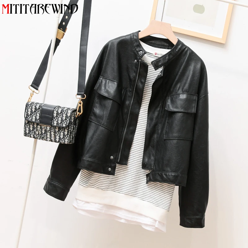 

2021 Spring Autumn PU Leather Jacket Women Coat Korean Fashion Faux Leather Coat Femme Short Style Stand Collar Female Jacket