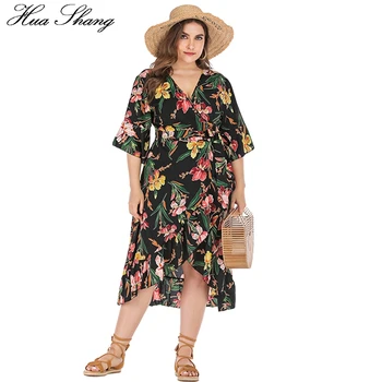 

Plus Size Floral Boho Beach Dress Women 2019 Summer V Neck Half Sleeve Ruffles Irregular Dress Ladies Tunic Maxi Long Dresses