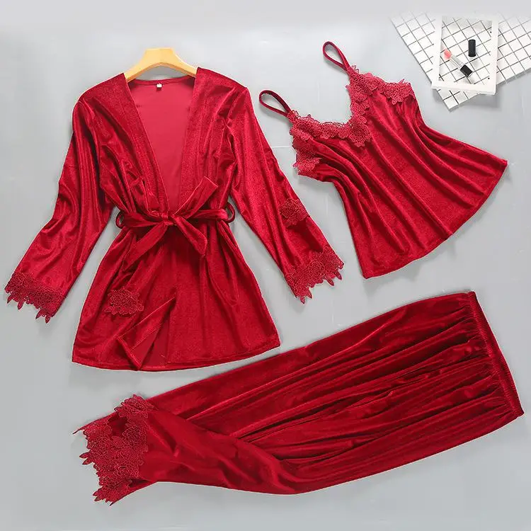 Осенняя Новинка, женский халат, ночная рубашка, велюровая Пижама, интимное сексуальное женское белье, ночная сорочка, 3 шт., ночная рубашка, темно-синий, домашняя одежда - Цвет: Red