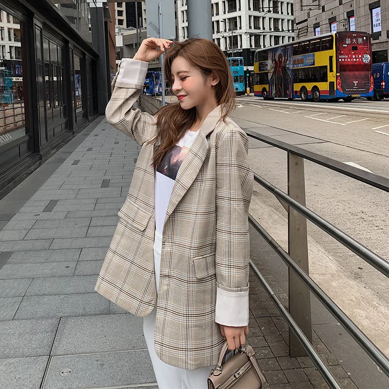 

Photo Shoot Plaid Suit Jacket Women's Vintage Hong Kong Style Spring And Autumn New Style Korean-style Loose Casual Sense of Des