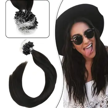 

Ugeat Micro Ring Human Hair Extensions 14-24" Machine Remy Hair Natural Black #1B Pre-Bonded Hair Extensions 1g/1s 50g/Set