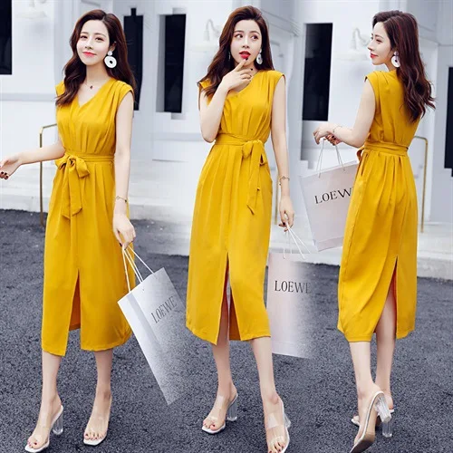 

Summer Wear New Style Ol Elegant H Type Slim Fit Slimming V-neck Mid-length Women's Solid Color Fairy of Bow Dress