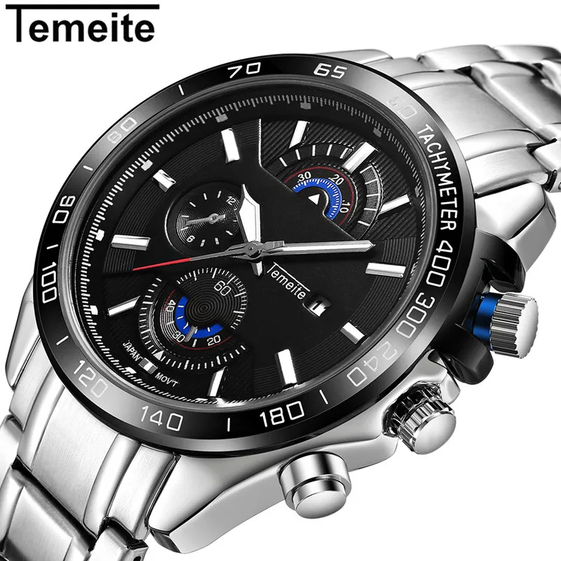 

TEMEITE Brand Men Watch Big Dial Watch With Date Watch for Men Business Stainless Steel Strap False triple eye Relogio Masculino