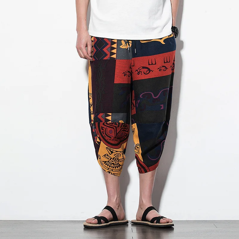 

2019 Summer Men Flax Capri Pants Men's Chinese-style Cotton Linen Printed Pants Fashion Loose And Plus-sized Harem