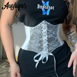 Auyiufar Mesh Floral Pattern Fairy Grunge Corset Top Y2K See Through Lace Up Button Sexy Slim Bustier Tops Women Vintage Outfits
