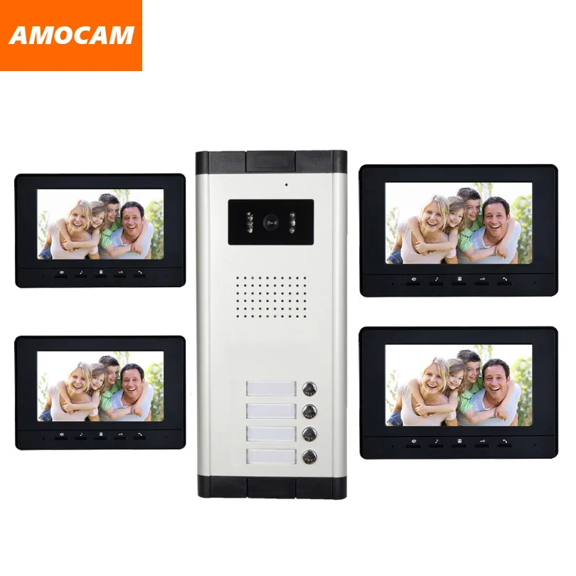 

4 Units 7" Monitor Apartment intercom system Video Door Phone Door Intercom HD Camera video Doorbell for 4 Household