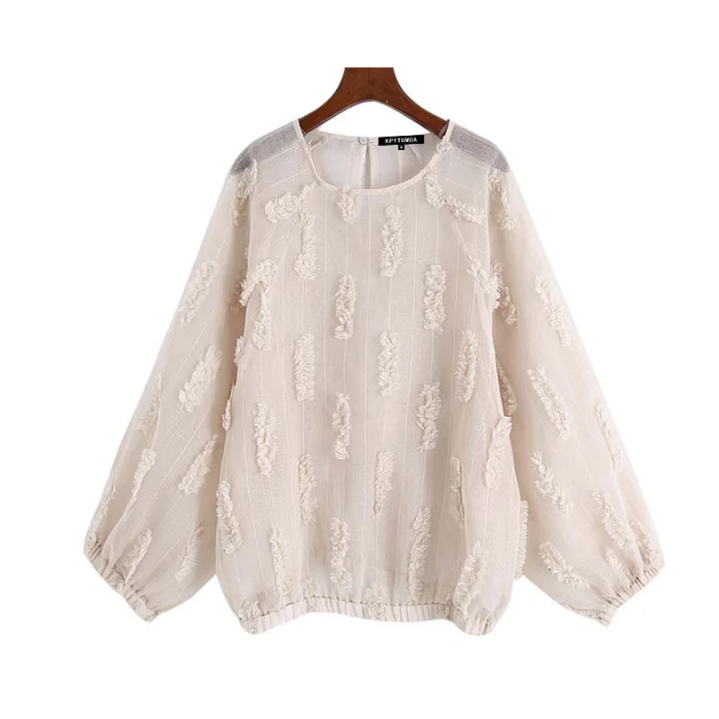 Винтажные элегантные прозрачные свободные блузки с аппликацией для женщин Модные женские рубашки с круглым вырезом и длинным рукавом Блузы шикарные топы - Цвет: as picture