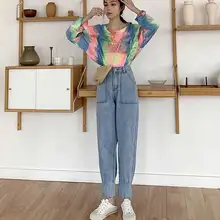 Новые свободные мягкие джинсы Harlan, женские, летние, новые, синие, с высокой талией, корейские, повседневные, тонкие, редис, девять точек, старые джинсы, женские штаны